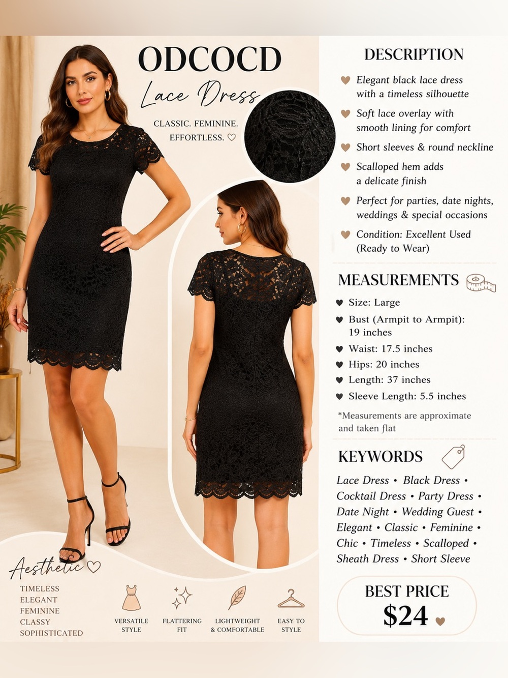 Black Lace Midi Dress with Short Sleeves